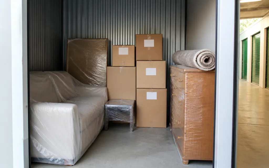 Meubles emballés et cartons prêts au transport dans un box de stockage