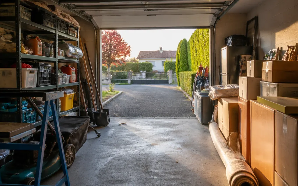 Garage de pavillon de périphérie orléanaise encombré de matériel, pièce à vider avant travaux